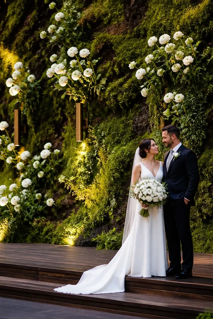 White ranunculus blooms on a mossy terrarium-style wall backdrop