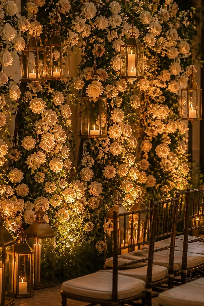 Champagne roses with hanging candle lanterns behind a wedding stage