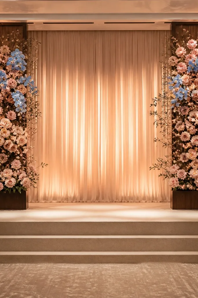 Blush roses and dusty blue orchids on tall side screens for a wedding stage