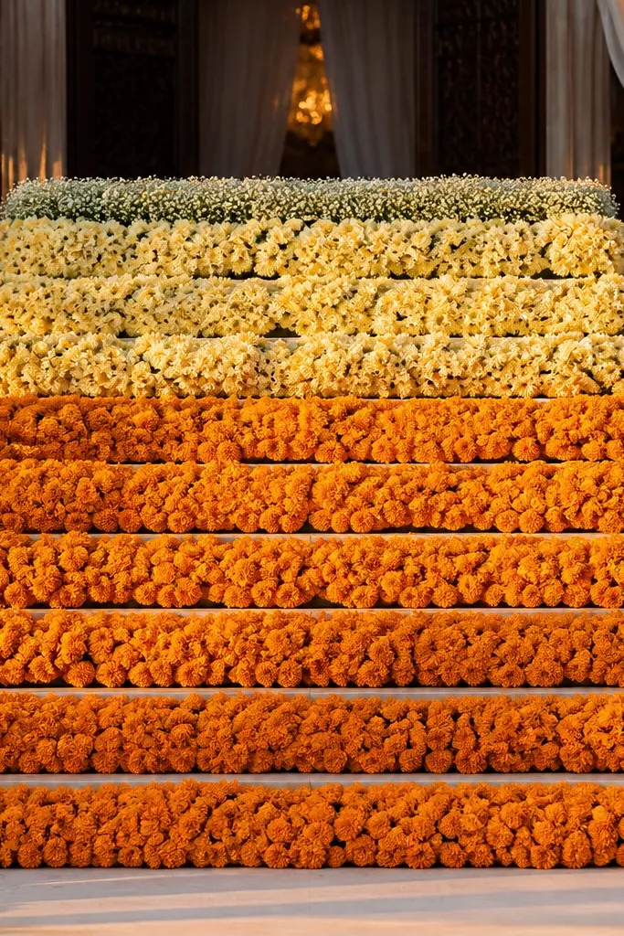 Saffron marigold and cream dahlias on a staircase with brass candle holders