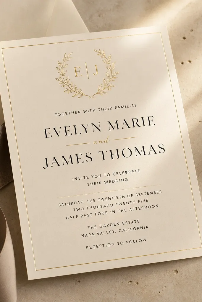 Warm ivory invitation with a thin gold frame and modern serif headings