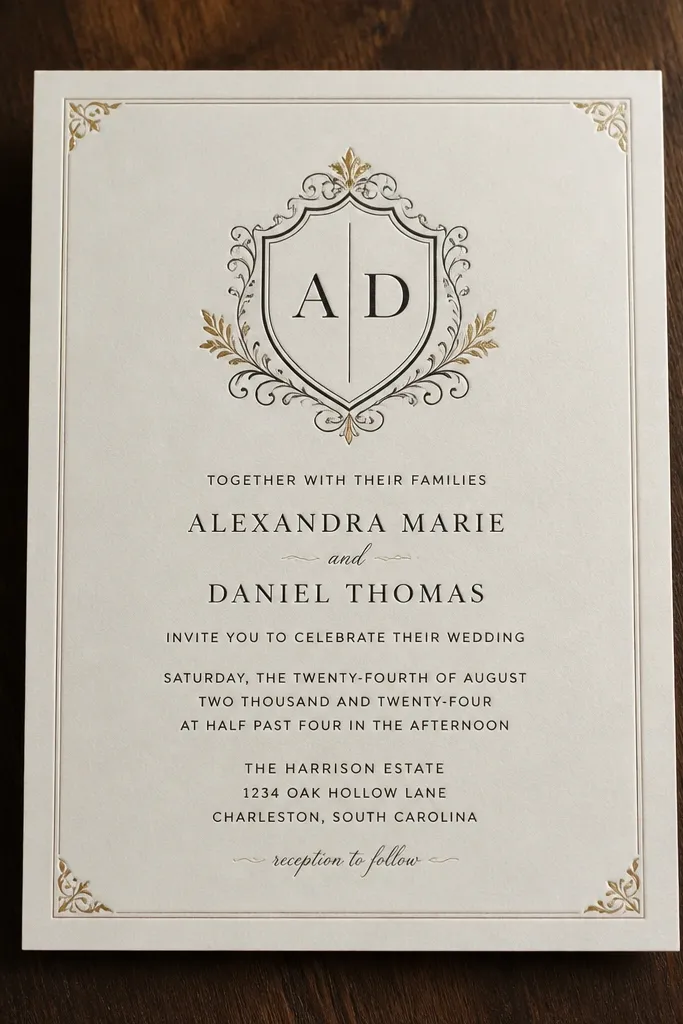 Black invitation with a monogram crest and soft gold accents