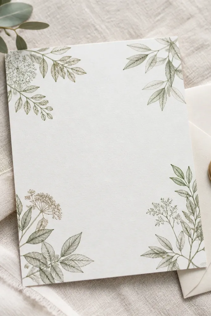 Off-white invitation with delicate greenery in the corners and dark text