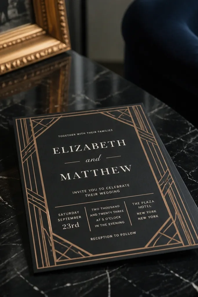 Black and gold art deco dividers with geometric lines and serif text