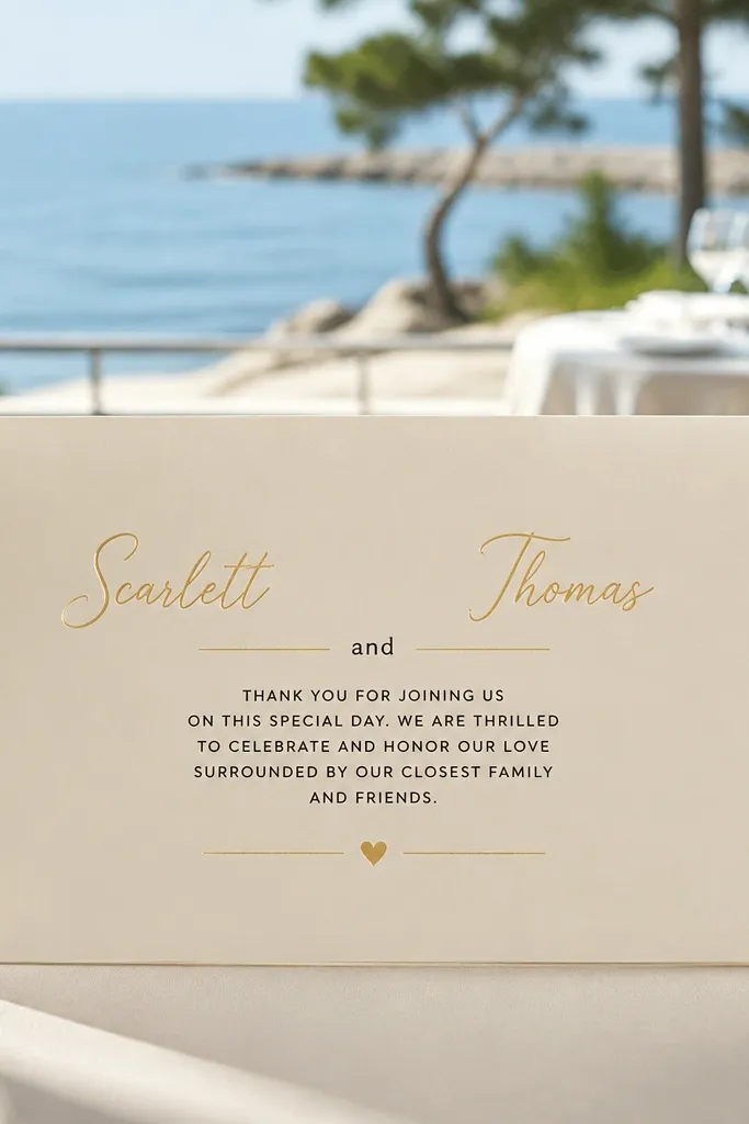 Cream invitation with champagne gold script for names and minimal text blocks