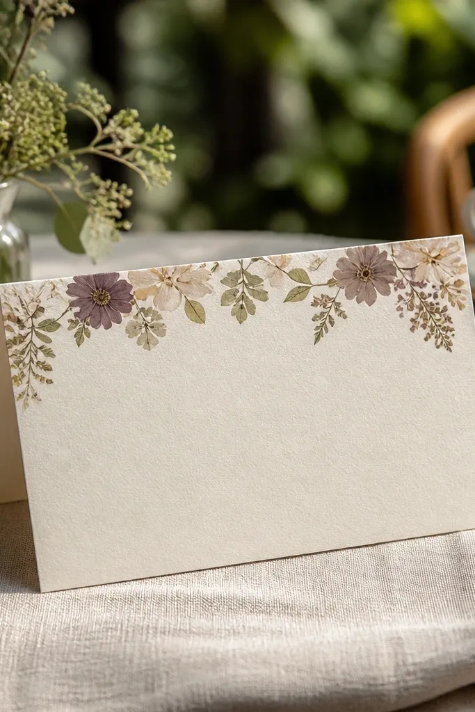 Ivory invitation with a pressed flower band at the top and dark center text