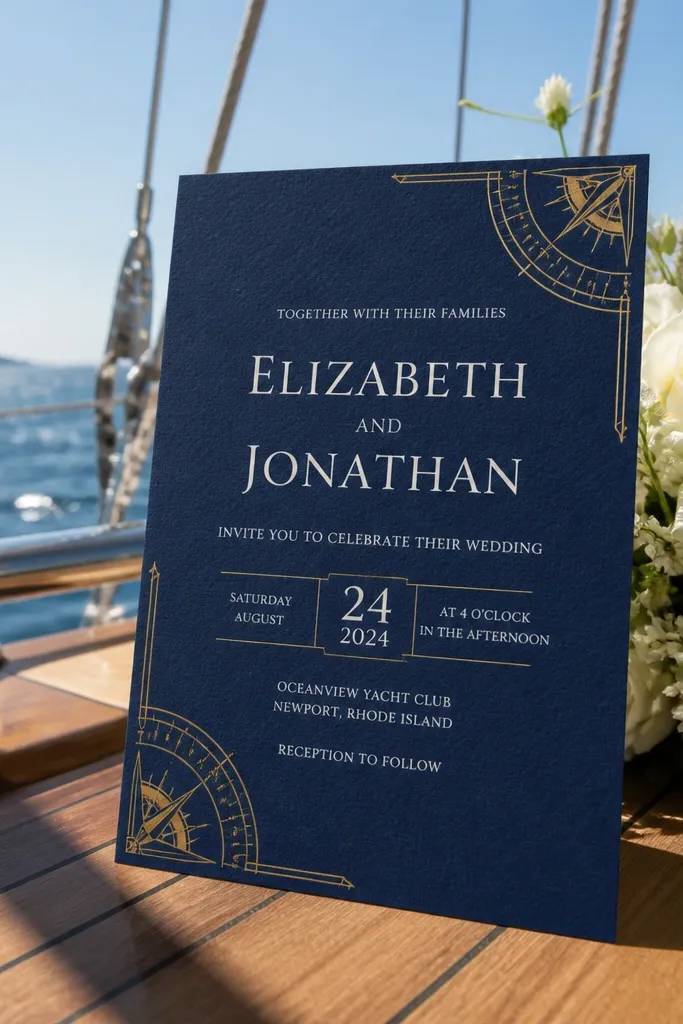 Navy invitation with gold nautical corner accents and cream text blocks
