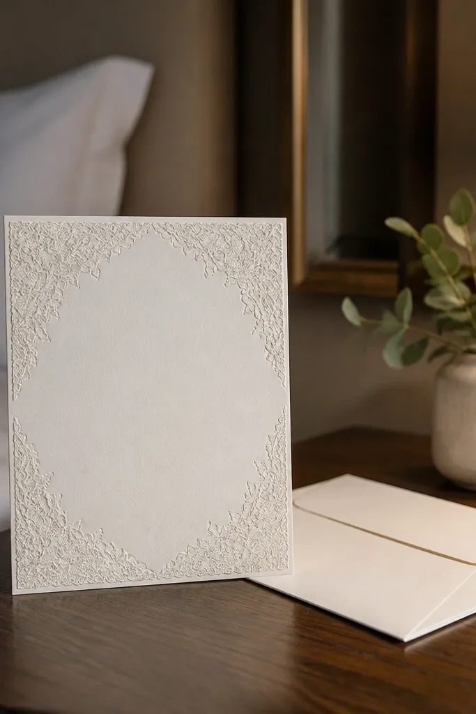 Ivory lace border invitation with dark modern sans-serif text