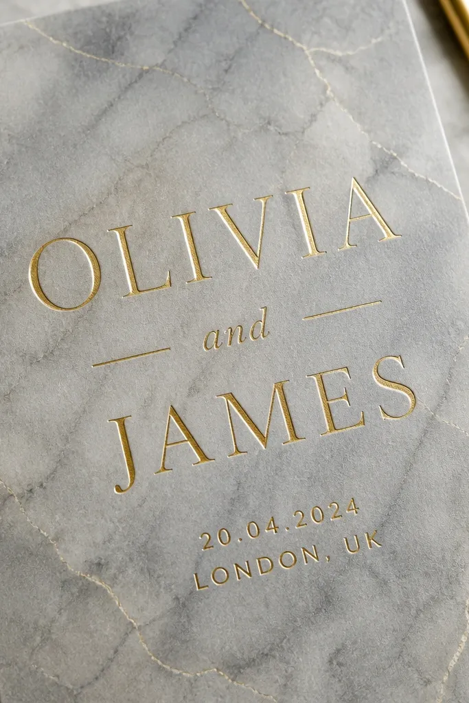 Marble grey invitation with gold typography and clean spacing