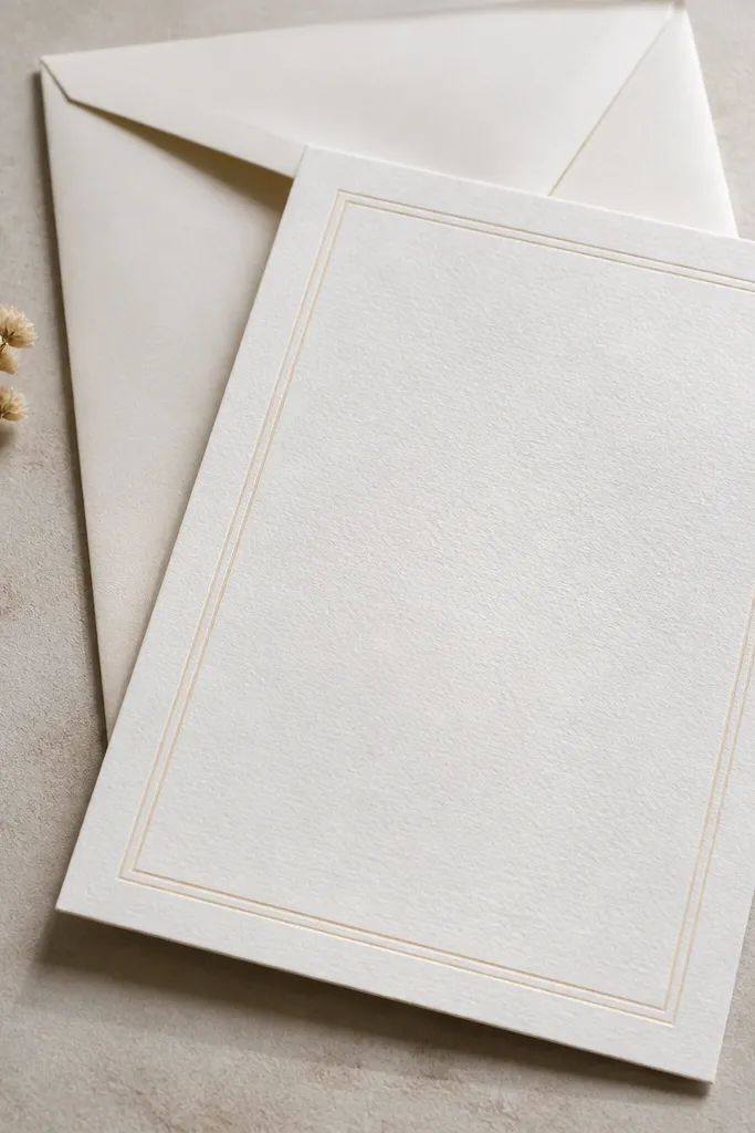 Pearl white invitation with double-line dividers and black serif text