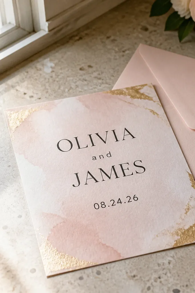 Rose quartz wash invitation with gold corner marks and dark text