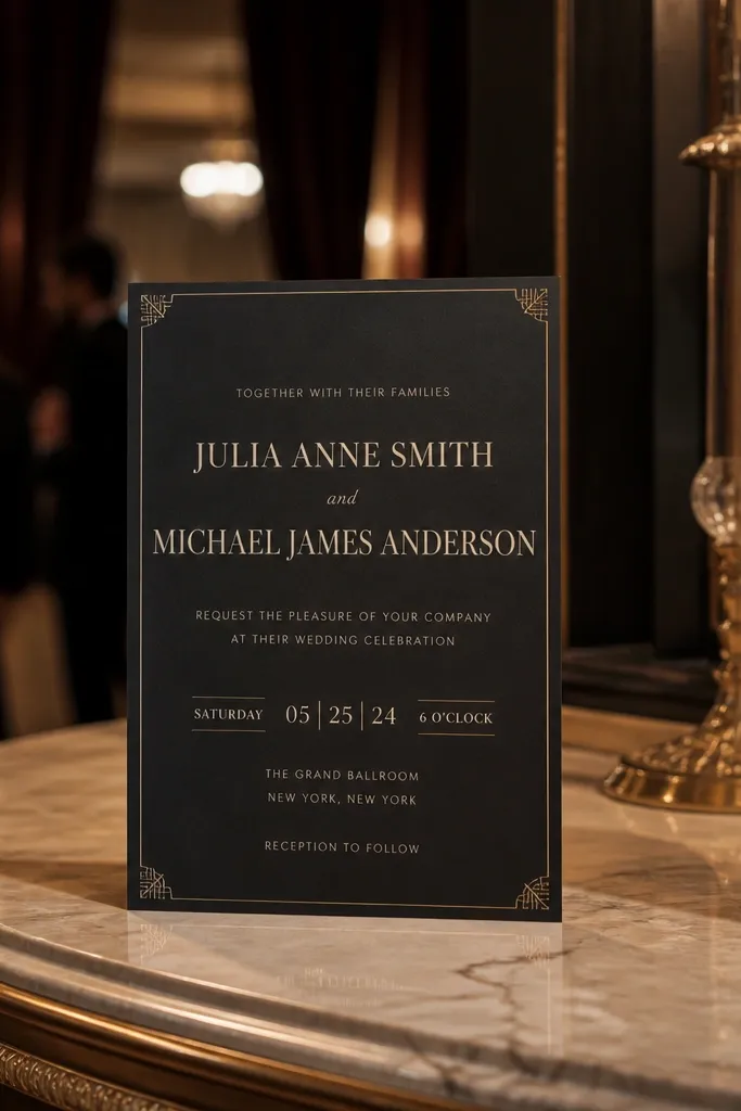 Cream invitation with black typography and subtle frame corner accents