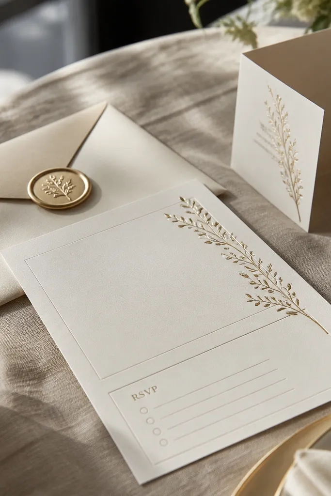 Ivory invitation with a gold branch silhouette and a clean RSVP block