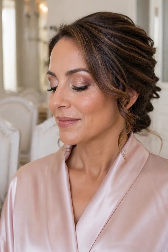 Champagne rose lid with cocoa depth in the outer corner