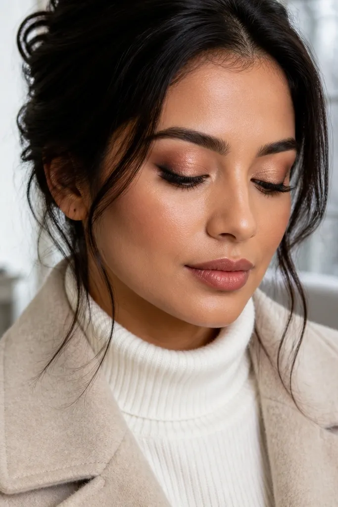 Smoky espresso outer eye with satin peach center lid