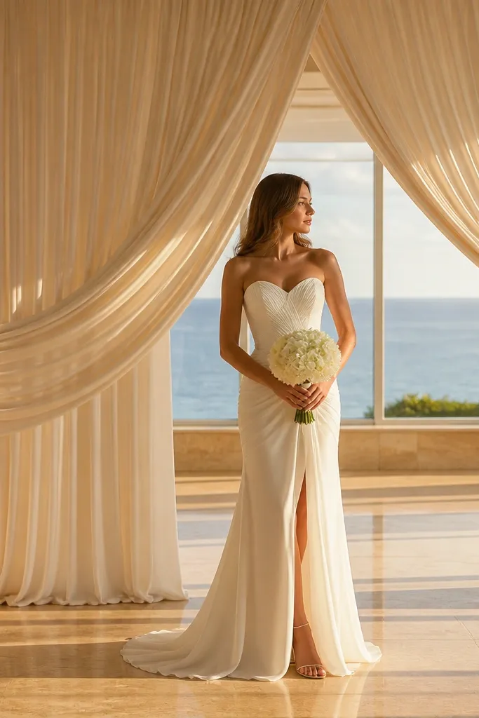 Ivory curtains gathered into an arched frame with soft folds