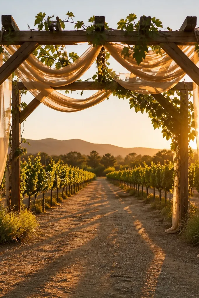 Vineyard trellis with sheer gold-toned fabric streamers in warm sunlight