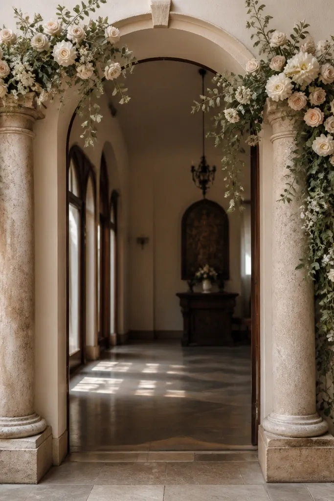 White arched doorway with draped greenery and pale floral around two columns