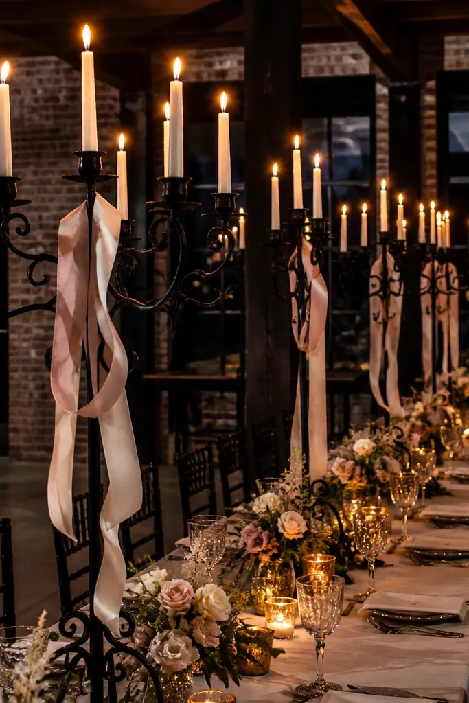 Black candelabra candles with thin silk ribbon tied to the stands