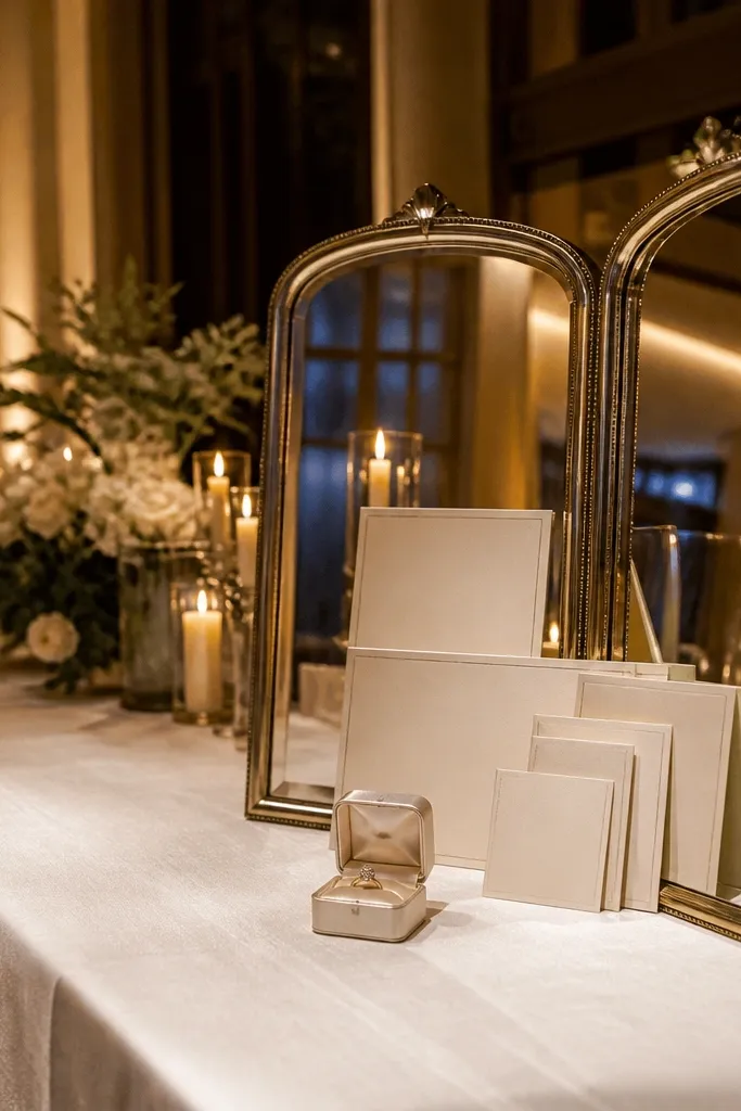 White linen table with layered mirrors behind and soft floral accents
