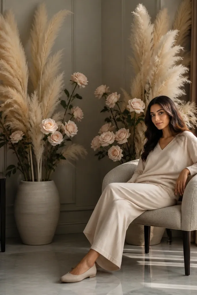 Symmetrical corner with tall pampas plumes and blush roses on both sides