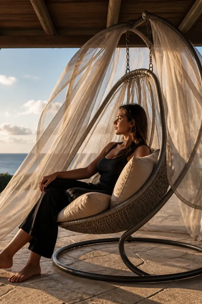 Swing chair with a sheer voile canopy and neutral cushions