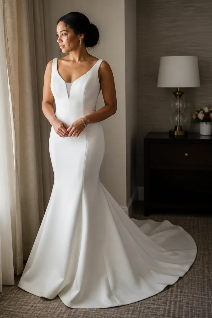 Matte cream mermaid dress with a smooth fitted hip and gentle flare at mid-thigh