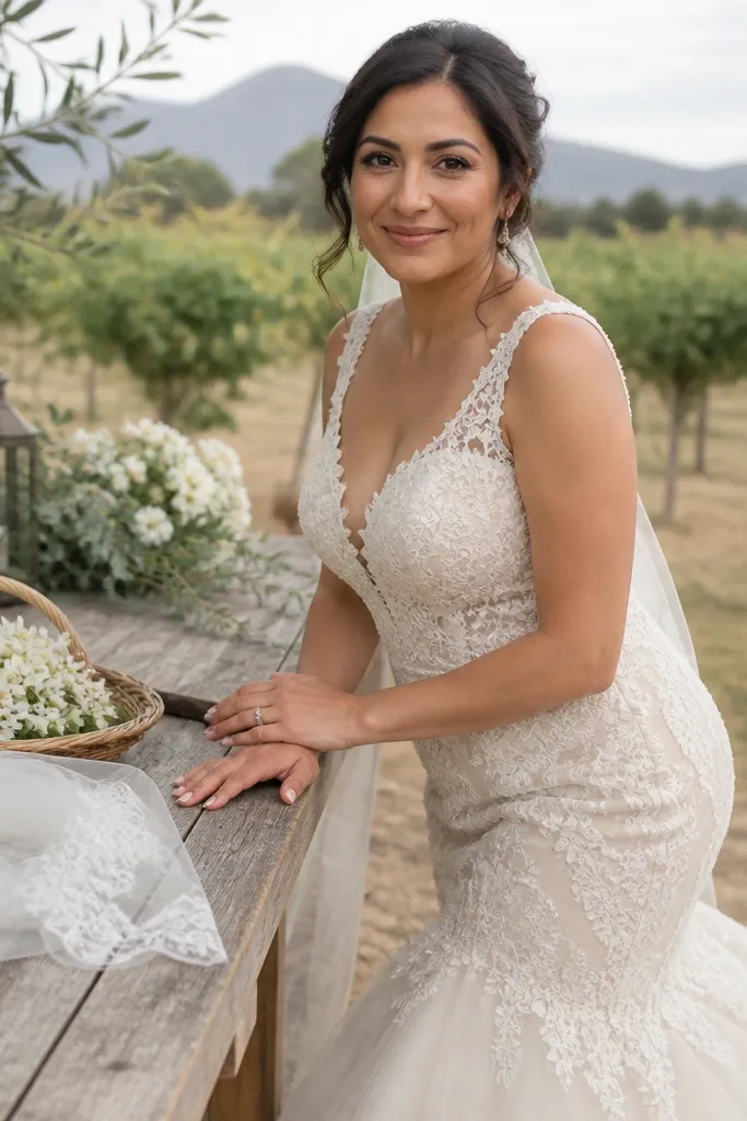 Ivory lace mermaid dress with lined tulle underlayer and structured flare from upper hip