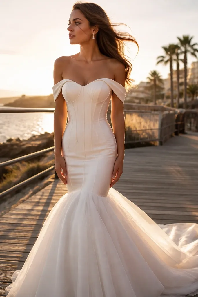 Ivory off-shoulder mermaid gown with boned bodice and controlled hip flare