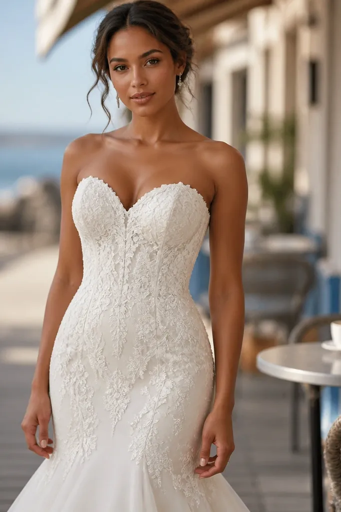 Cream sweetheart mermaid gown with lace appliqué fading toward the flare