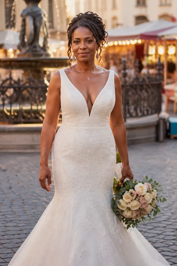 Ivory V-neck mermaid gown with a defined waist seam and controlled flare