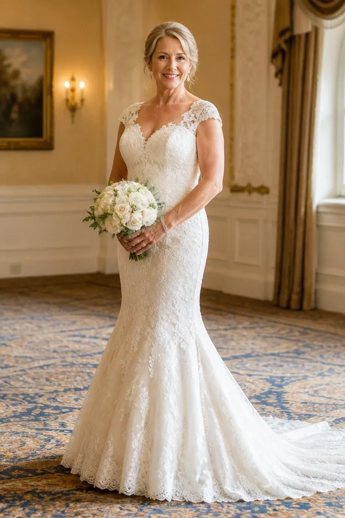 Ivory cap-sleeve mermaid dress with lace sleeves and smooth fitted skirt