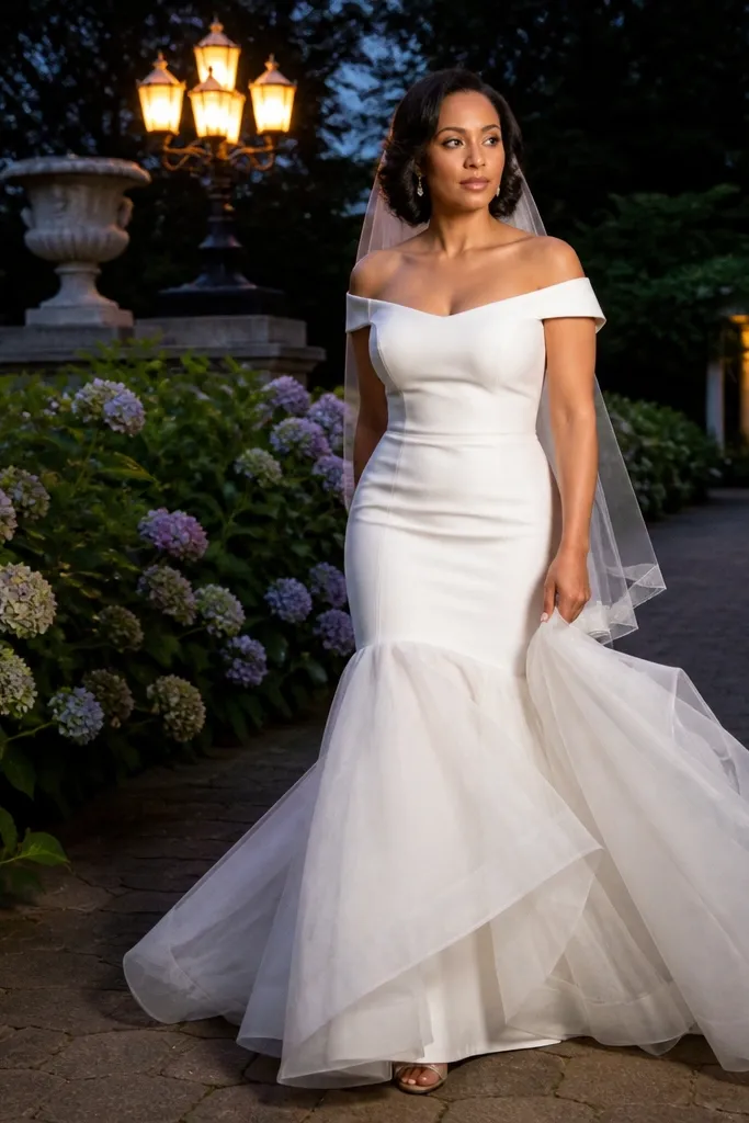 Ivory off-shoulder mermaid gown with soft tulle overlay at the flare