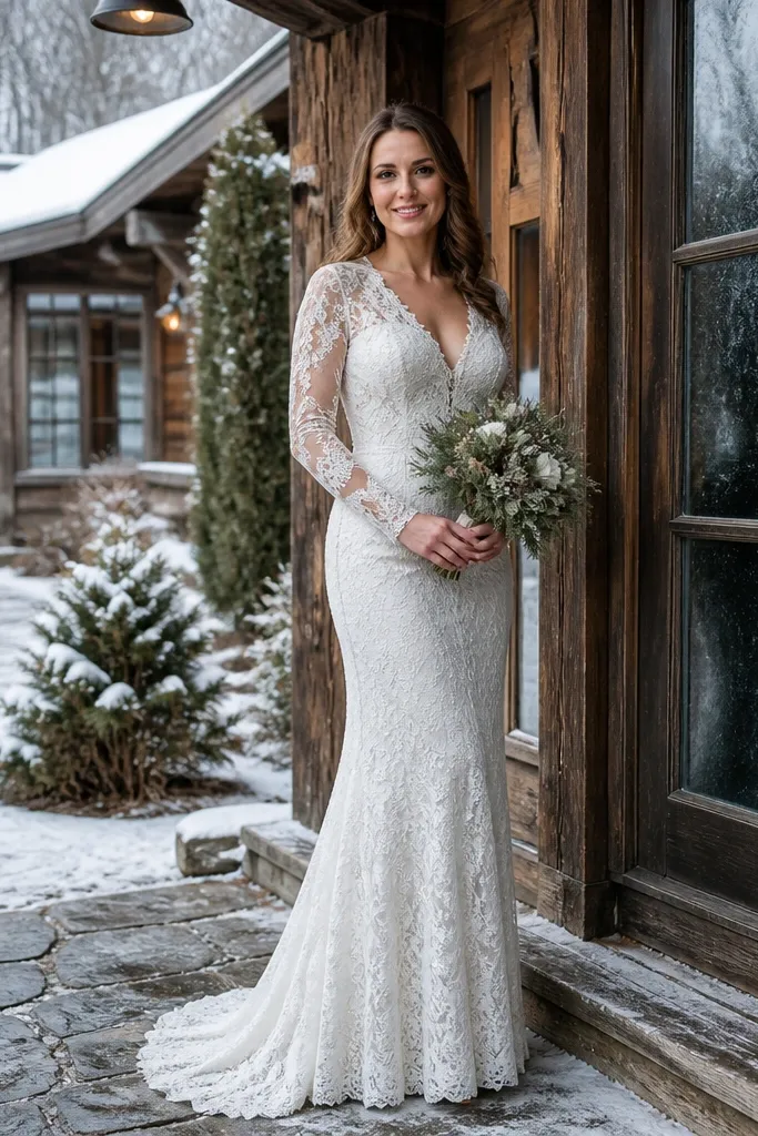 Ivory long-sleeve lace mermaid gown with a straight, controlled flare