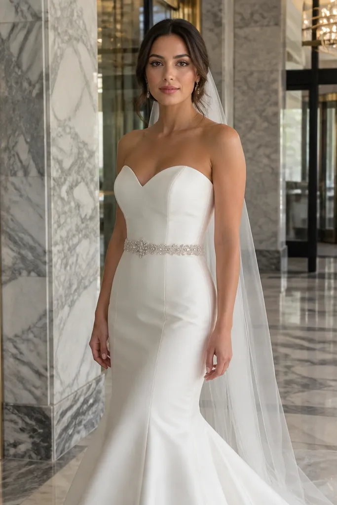 Ivory minimalist mermaid dress with a beaded belt across the waist and subtle flare