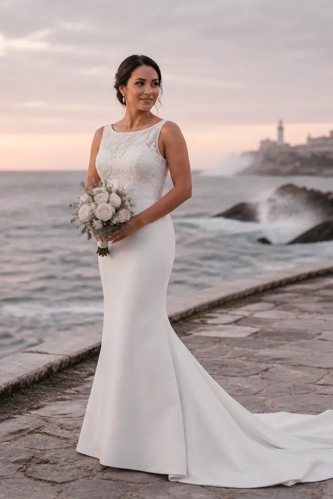 Ivory bateau-neck mermaid gown with embroidered bodice and smooth skirt flare