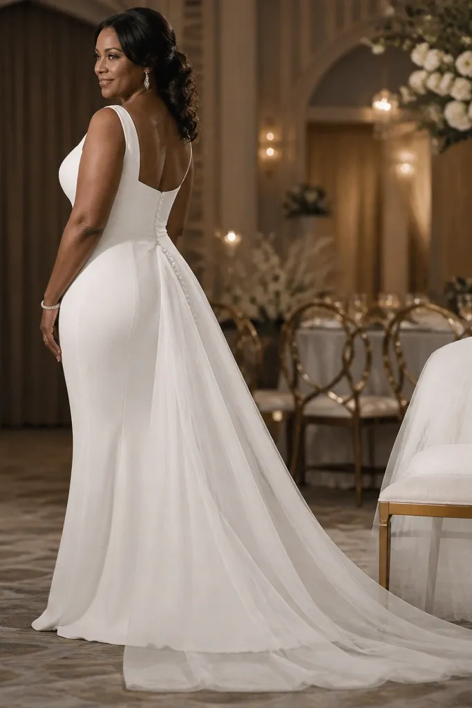 Ivory square-neck mermaid gown with detachable tulle train at the hem