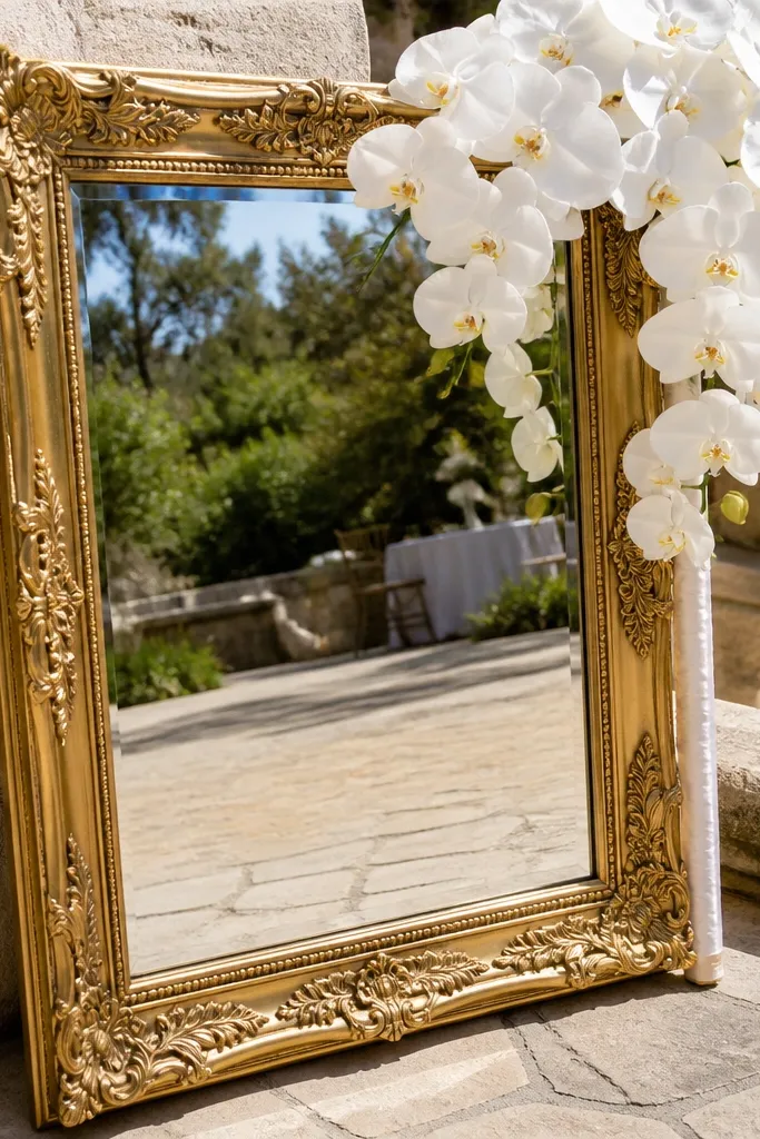Gold-framed mirror with white orchids at the top corners and a cream floral sign