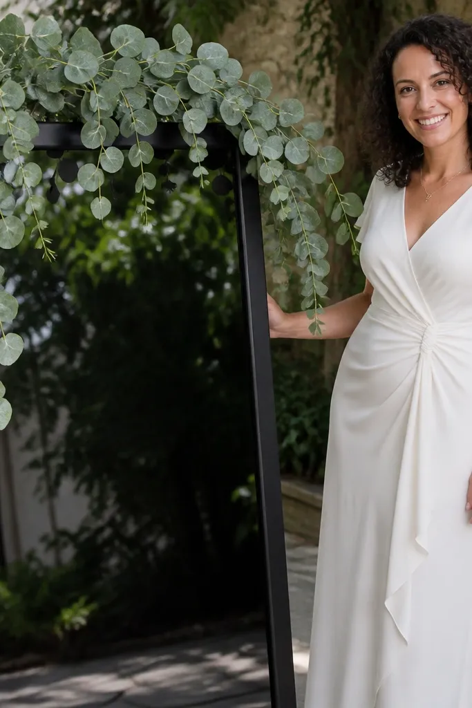 Black mirror with trailing eucalyptus garland and a thin cursive welcome sign