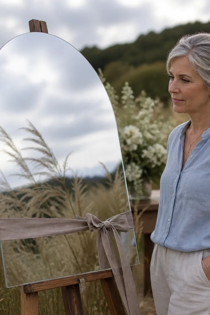 Silver mirror with dried grasses and a neutral ribbon bow at the top