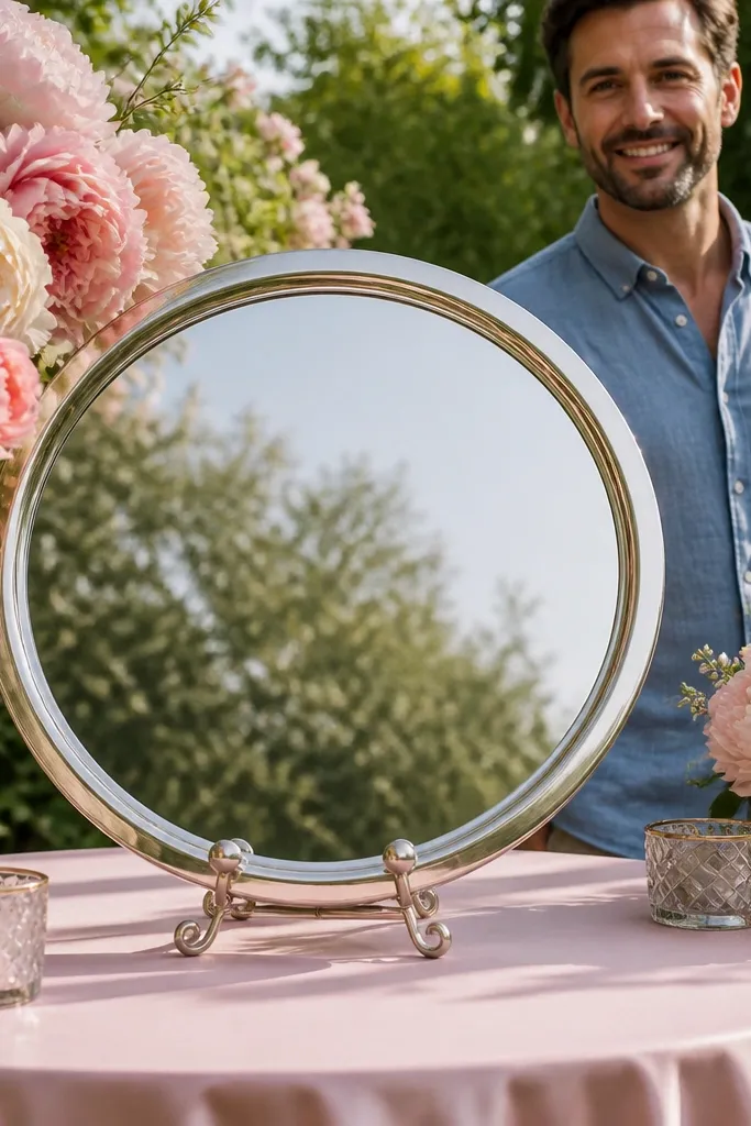 Round mirror with blush peonies arranged around the top half and a soft pink welcome sign