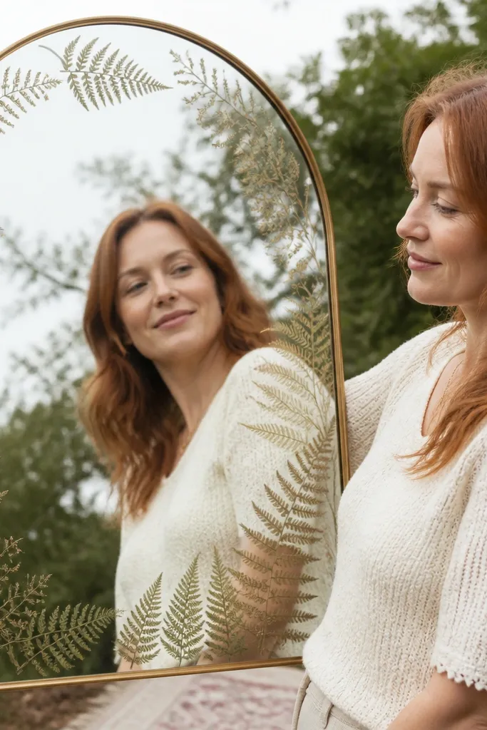 Mirror with a pressed fern border framing the welcome text on a clear panel