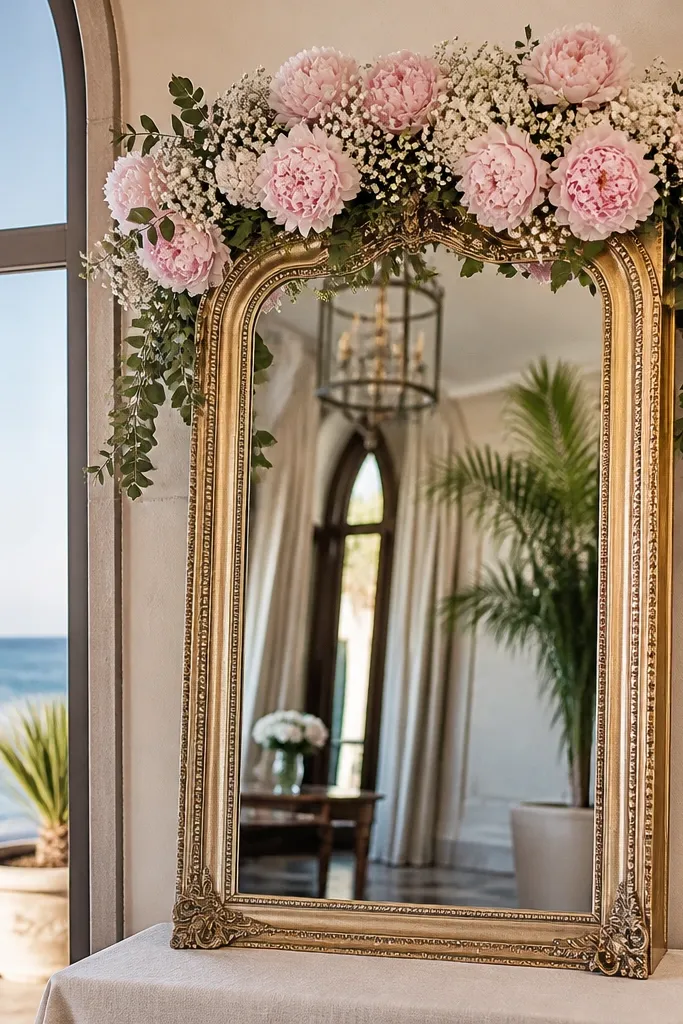 Mirror with peonies and baby's breath arranged in a top garland over a white welcome sign