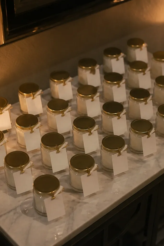 Small candles in a row with matching name tags