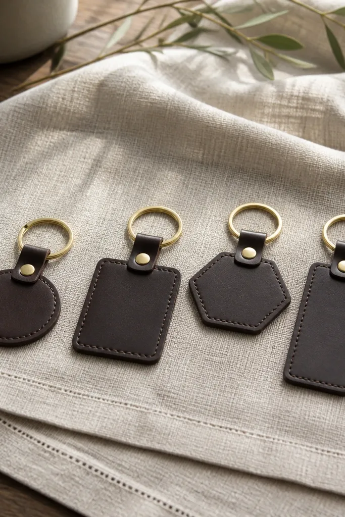 Keychains laid on a linen runner with small handwritten cards