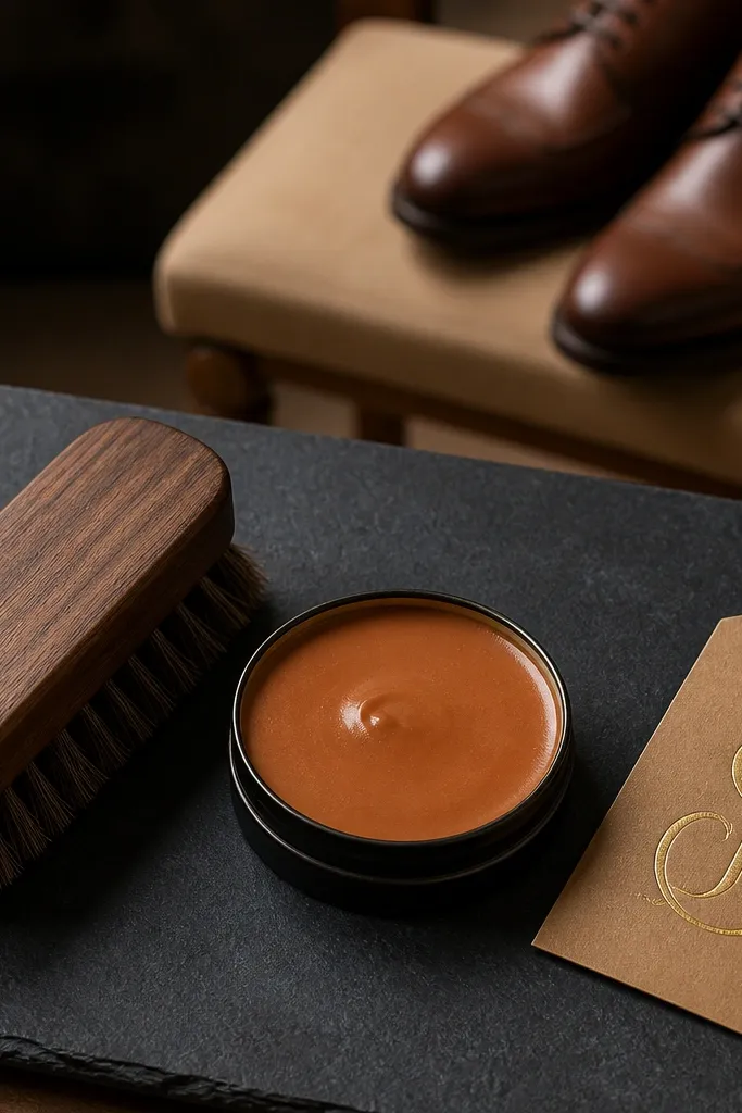 Shoe care items arranged neatly with a centered name tag