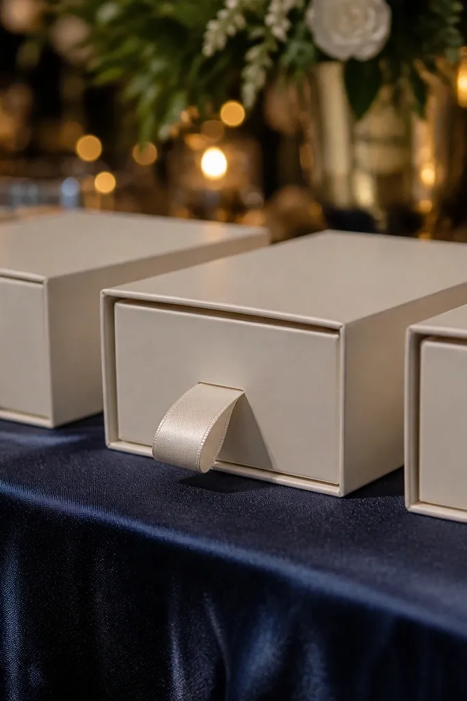 Gift boxes with ribbon pull tabs and name tags