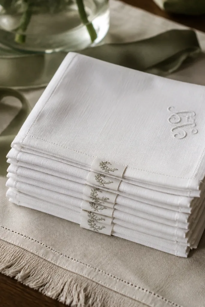 Folded handkerchiefs stacked with tags on the folded edge