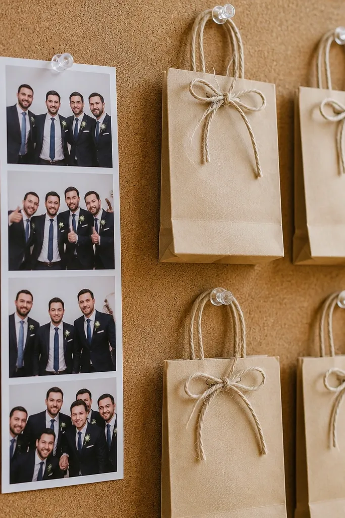 Small strips clipped to a cork board with gift bags below