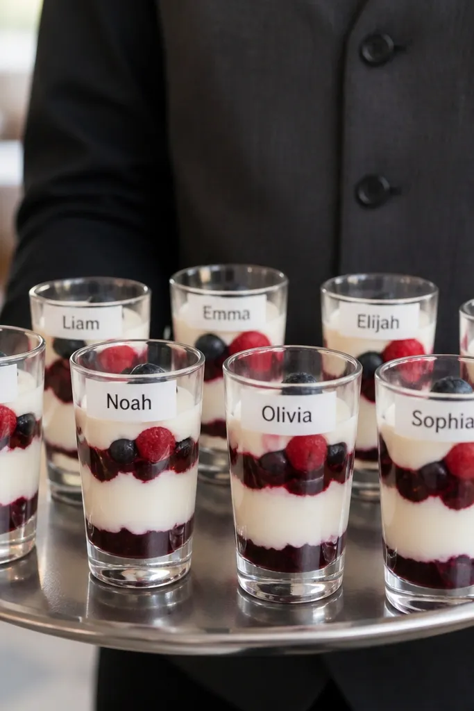 Small dessert cups with name stickers on the top rim
